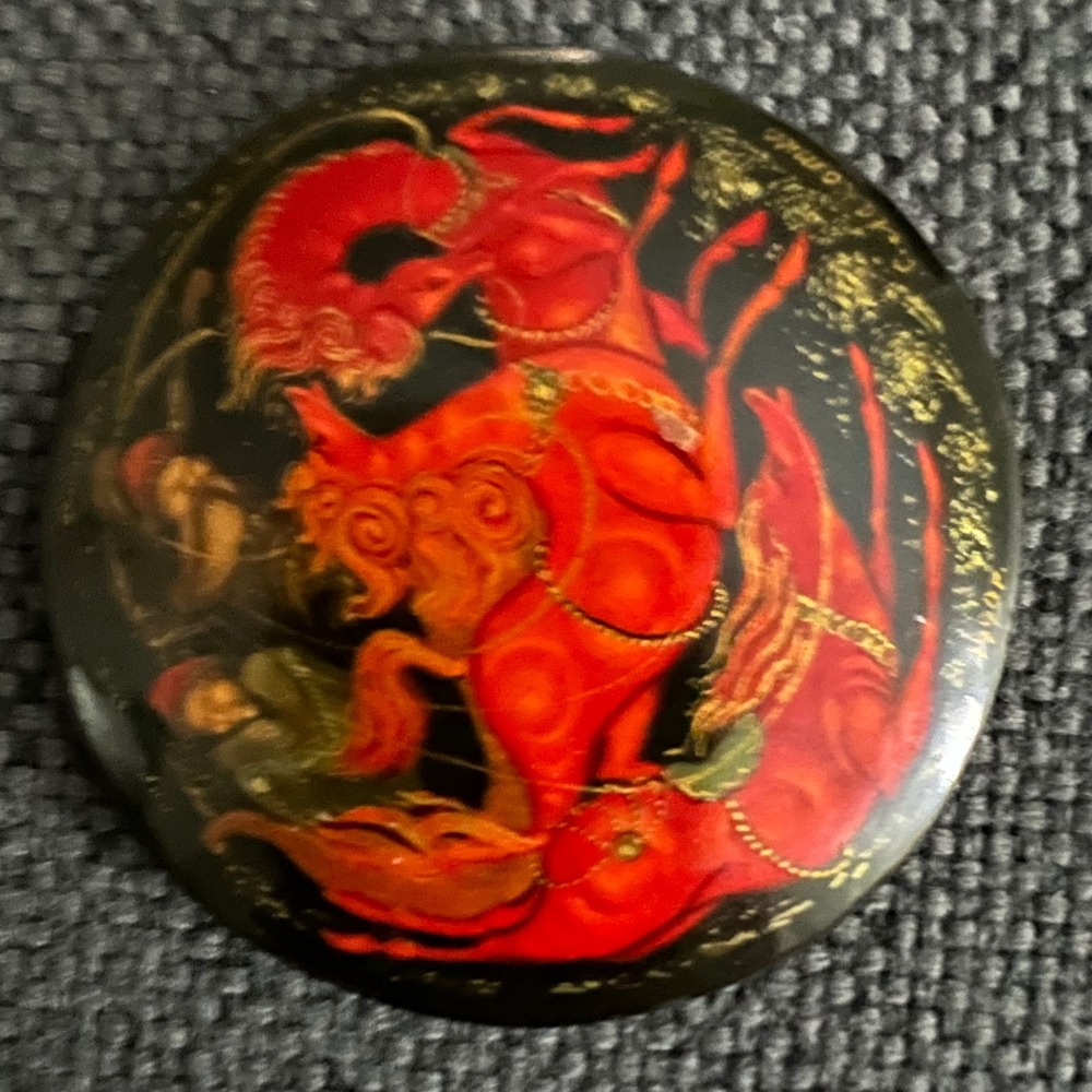 Vintage 1990 Signed Palekh Russian Lacquer Brooch Troika 2.25" Cottagecore
